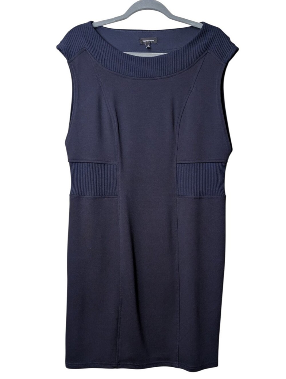 Spense Navy Blue Sleeveless Sheath Dress Ribbed Trim Knit Size 12 Minimalist